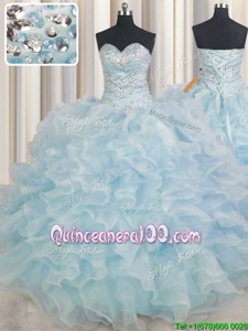 Superior Sweetheart Sleeveless Lace Up Sweet 16 Dress Light Blue Organza