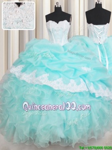 Nice Baby Blue 15 Quinceanera Dress Military Ball and Sweet 16 and Quinceanera and For withBeading and Appliques and Ruffled Layers Sweetheart Sleeveless Lace Up