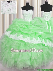 Custom Designed Spring Green Ball Gowns Beading and Appliques and Ruffles and Pick Ups Vestidos de Quinceanera Lace Up Organza Sleeveless Floor Length