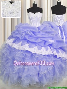 Exquisite Lavender Sleeveless Floor Length Beading and Appliques and Ruffles and Pick Ups Lace Up Quinceanera Gowns