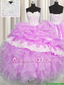 Superior Sleeveless Organza Floor Length Lace Up Sweet 16 Quinceanera Dress inLilac forSpring and Summer and Fall and Winter withBeading and Appliques and Ruffles and Pick Ups