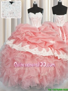 Flare Sweetheart Sleeveless Organza Quinceanera Gown Appliques and Ruffles and Pick Ups Lace Up