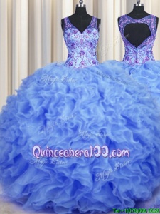 Ideal V Neck Floor Length Ball Gowns Sleeveless Blue Quince Ball Gowns Zipper