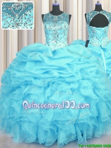 Flirting See Through Aqua Blue Scoop Lace Up Beading and Ruffles and Pick Ups Quinceanera Gowns Sleeveless