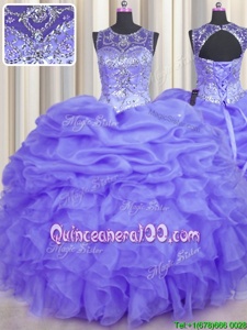 Exceptional See Through Lavender Lace Up Quinceanera Dress Beading and Ruffles and Pick Ups Sleeveless Floor Length