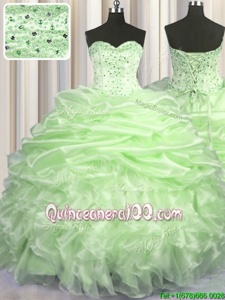 Beautiful Sleeveless With Train Beading and Ruffles and Pick Ups Lace Up Sweet 16 Dress with Yellow Green Brush Train