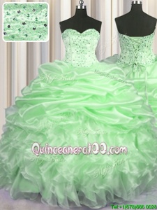 Noble Pick Ups With Train Ball Gowns Sleeveless Spring Green Sweet 16 Dress Brush Train Lace Up