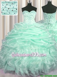 Apple Green Sleeveless Sweep Train Beading and Ruffles and Pick Ups With Train Sweet 16 Dress