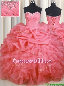 Cheap Watermelon Red Ball Gowns Organza Sweetheart Sleeveless Beading and Ruffles and Ruching and Pick Ups Floor Length Lace Up 15 Quinceanera Dress