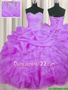 Flirting Organza Sweetheart Sleeveless Lace Up Beading and Ruffles and Pick Ups Ball Gown Prom Dress inPurple