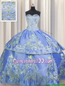 Best Beading and Embroidery 15th Birthday Dress Blue Lace Up Sleeveless Floor Length