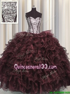 Gorgeous Visible Boning Ruffles and Sequins Vestidos de Quinceanera Brown Lace Up Sleeveless Floor Length