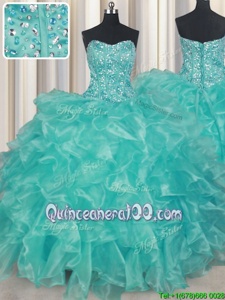 Noble Sweetheart Sleeveless Lace Up Sweet 16 Dress Turquoise Organza