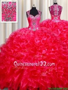 Sweet Red Straps Neckline Beading and Ruffles Quinceanera Dresses Sleeveless Zipper