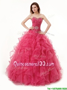 Charming Sweetheart Sleeveless Quinceanera Gowns Floor Length Beading and Ruffles Coral Red Organza