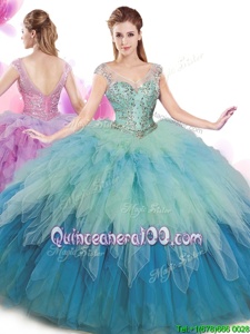 Adorable Multi-color Tulle Lace Up Quinceanera Gowns Cap Sleeves Floor Length Beading and Ruffles