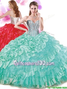 Sweetheart Sleeveless Sweet 16 Dress Floor Length Beading and Ruffled Layers and Pick Ups Turquoise Organza and Taffeta