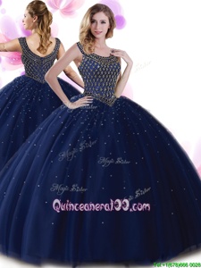 Custom Made Navy Blue Scoop Zipper Beading Quinceanera Dress Sleeveless