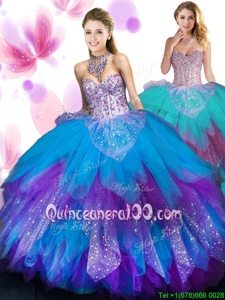 Pretty Multi-color Sweetheart Neckline Beading and Ruffled Layers Sweet 16 Dresses Sleeveless Lace Up