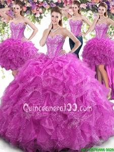 Artistic Four Piece Floor Length Fuchsia Sweet 16 Dress Tulle Sleeveless Spring and Summer and Fall and Winter Beading and Ruffles