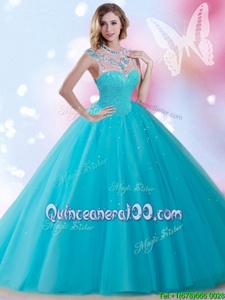 Nice Sequins High-neck Sleeveless Zipper Ball Gown Prom Dress Aqua Blue Tulle