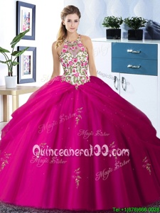 Best Selling Halter Top Sleeveless Embroidery and Pick Ups Lace Up Quinceanera Gown