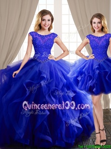 Pretty Three Piece Scoop Royal Blue Lace Up Quinceanera Dress Beading and Appliques and Ruffles Cap Sleeves With Brush Train