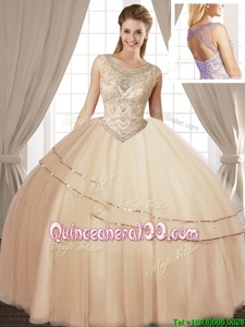 Fashion Champagne Lace Up Scoop Beading Sweet 16 Dress Tulle Sleeveless