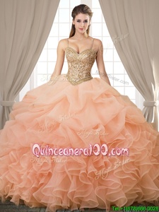 Pretty Peach Sleeveless Beading and Ruffles and Pick Ups Floor Length Vestidos de Quinceanera