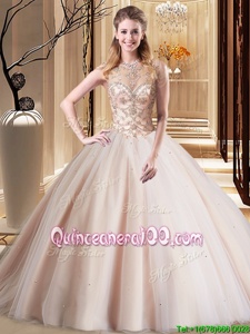 Wonderful Peach Tulle Lace Up Scoop Sleeveless Sweet 16 Quinceanera Dress Brush Train Beading