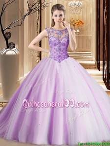 Stylish Scoop Sleeveless Quinceanera Dresses Brush Train Beading Lavender Tulle