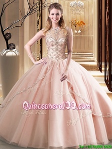 Scoop Peach Sleeveless Beading Lace Up Sweet 16 Dresses