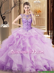 Exceptional Scoop Lace Up Vestidos de Quinceanera Lavender and In forMilitary Ball and Sweet 16 and Quinceanera withBeading and Ruffles Brush Train