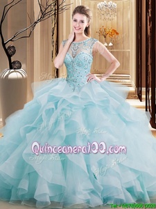 Smart Scoop Sleeveless Tulle Quinceanera Dress Beading and Ruffles Brush Train Lace Up