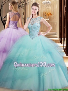 Glittering Scoop Beading and Ruffled Layers 15th Birthday Dress Light Blue Lace Up Sleeveless Brush Train