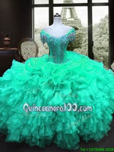 Noble Spring and Summer and Fall and Winter Organza Cap Sleeves Floor Length 15th Birthday Dress andBeading and Ruffles