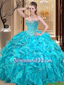 Sweetheart Sleeveless Lace Up Sweet 16 Dress Aqua Blue Organza