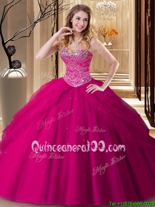 Stylish Tulle Sweetheart Sleeveless Lace Up Beading Sweet 16 Dress inFuchsia