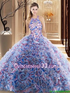 Charming Sleeveless Brush Train Ruffles and Pattern Criss Cross 15th Birthday Dress