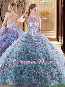 Trendy Sleeveless Sweep Train Ruffles and Pattern Criss Cross 15 Quinceanera Dress