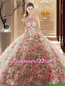 Dazzling Multi-color Sweet 16 Dresses High-neck Sleeveless Brush Train Criss Cross