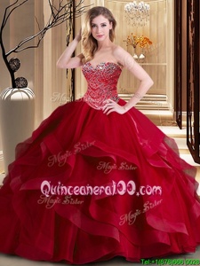 Best Selling Sleeveless Tulle Floor Length Lace Up Sweet 16 Dress inWine Red forSpring and Summer and Fall and Winter withBeading and Ruffles