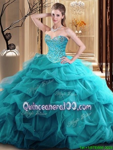 Simple Sweetheart Sleeveless Tulle 15th Birthday Dress Beading and Ruffles Zipper