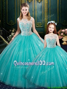 Fantastic Sleeveless Floor Length Lace Zipper Vestidos de Quinceanera with Turquoise