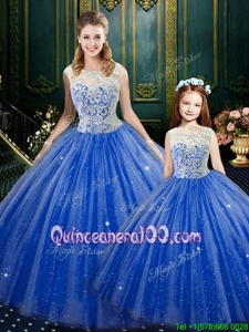 Excellent Royal Blue Zipper High-neck Lace Ball Gown Prom Dress Tulle Sleeveless