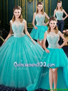 Low Price Four Piece Aqua Blue Zipper Quince Ball Gowns Lace Sleeveless Floor Length