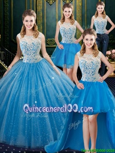 Fantastic Four Piece Baby Blue High-neck Zipper Lace Sweet 16 Dress Brush Train Sleeveless