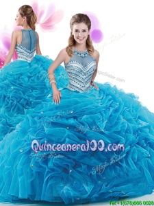 Great High-neck Sleeveless Quinceanera Gowns Court Train Ruffles Baby Blue Organza