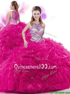 Fabulous Fuchsia Taffeta Zipper High-neck Sleeveless Quince Ball Gowns Court Train Ruffles and Pick Ups