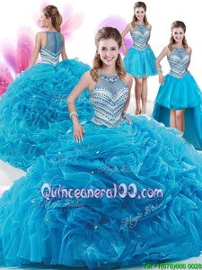 Comfortable Four Piece Aqua Blue Zipper High-neck Ruffles and Pick Ups Quinceanera Dress Organza Sleeveless Court Train